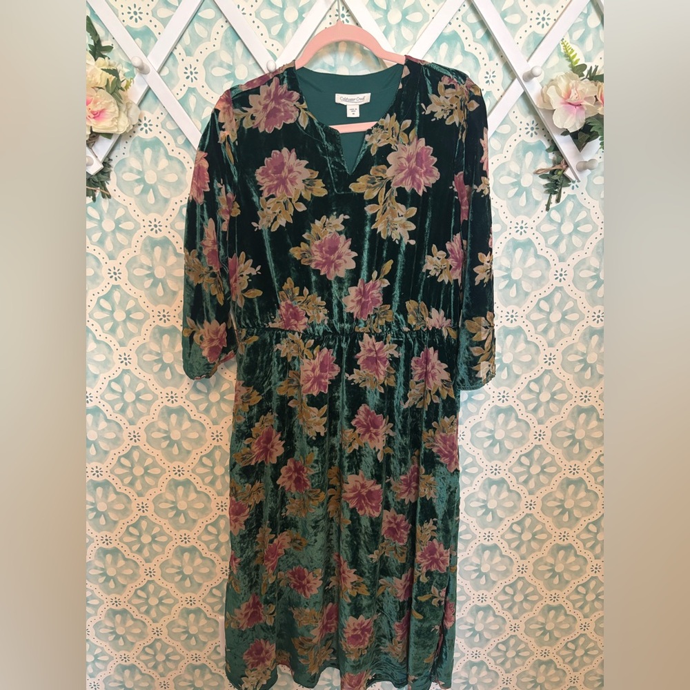 Cold water creek green floral velvet dress